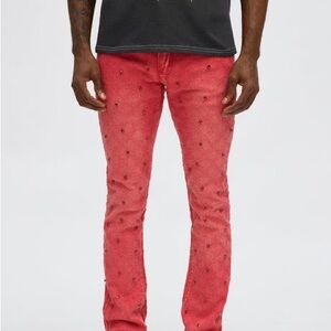 Men's Red Rhinestone Studded Skinny Jeans